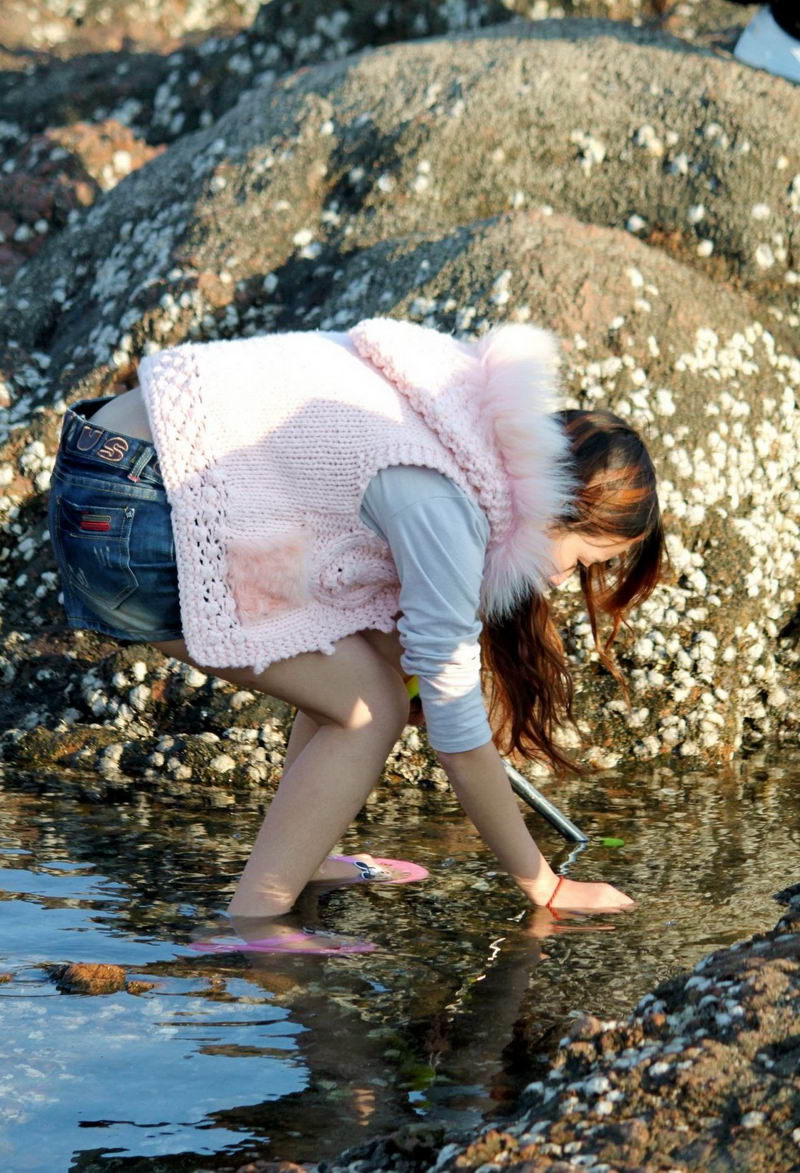 海边捡贝壳的女生